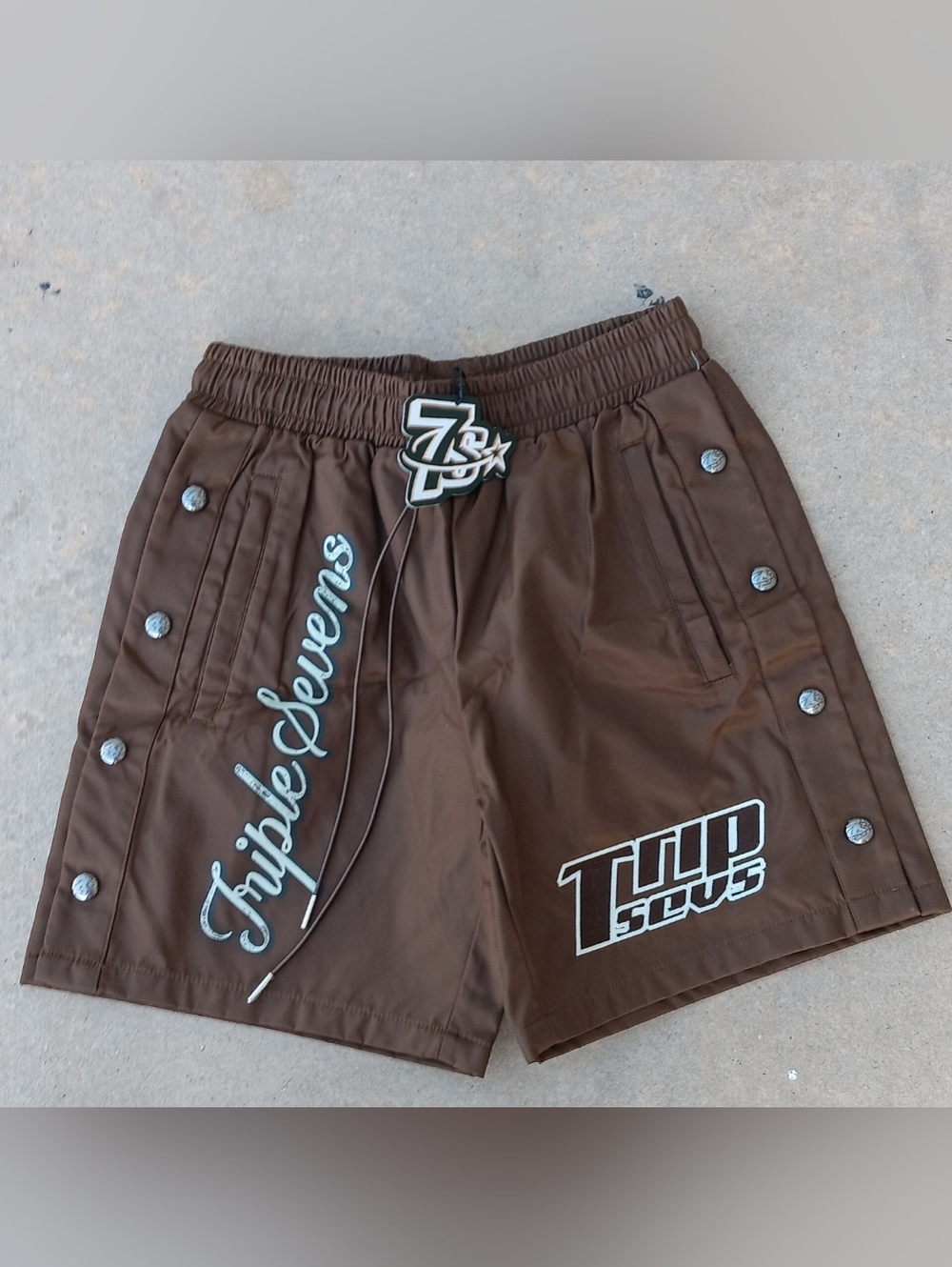 TRIPLE SEVEN Brown Nylon Side Button Up Shorts Mens SZ M